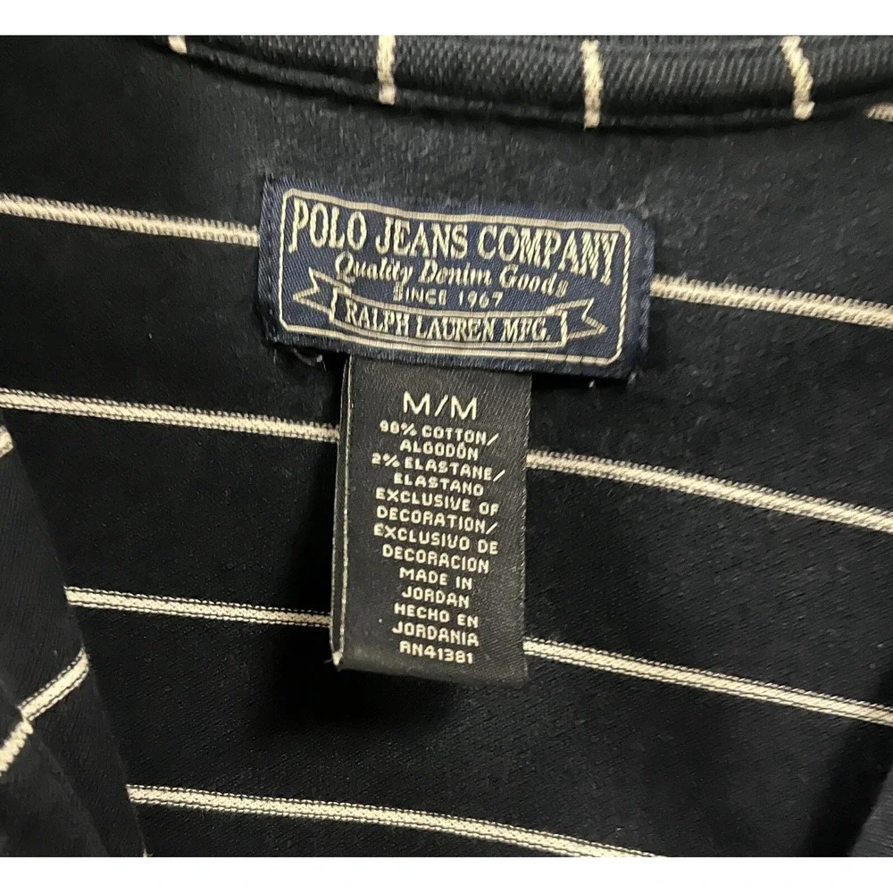 Ralph Lauren Polo Jeans Co Navy & White Striped Logo V Neck SZ M Preppy Nautical